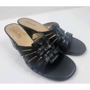 Clarks Womens 8.5 M Black Leather Clog Heels Sandals Summer Shoes